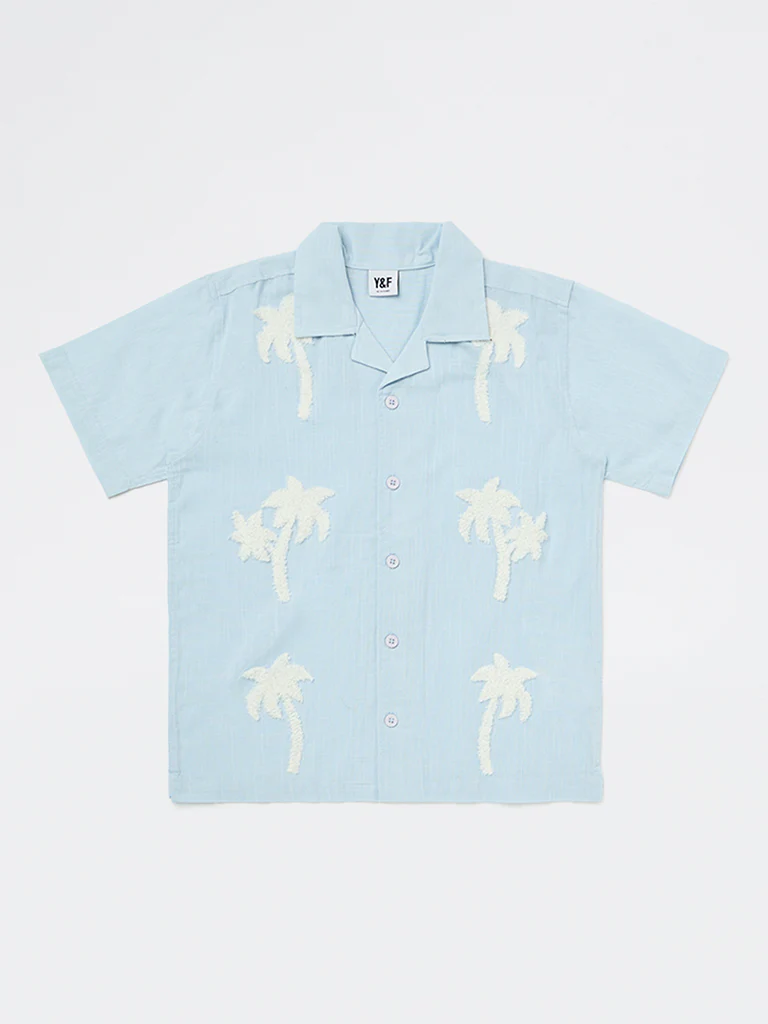Y&F Kids Boys Light Blue Tropical Embroidered Cotton Shirt - Image 3