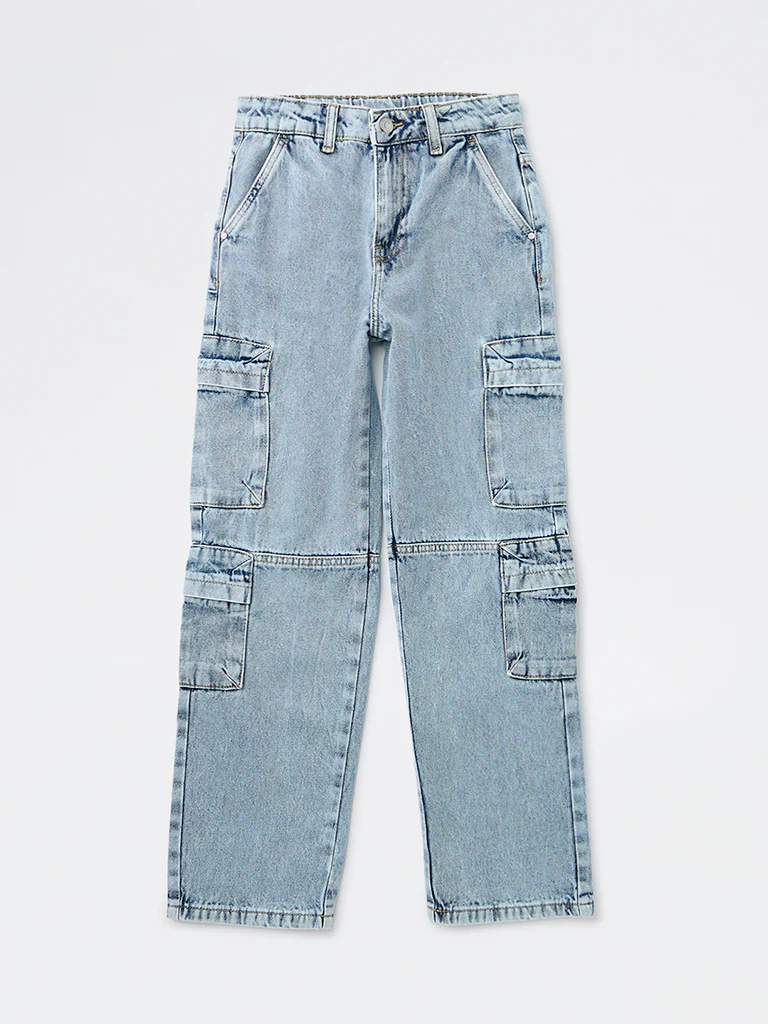 Y&F Kids Boys Light Blue Washed Cargo Jeans