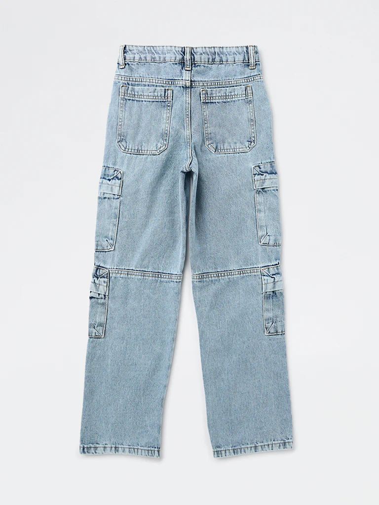 Y&F Kids Boys Light Blue Washed Cargo Jeans - Image 2