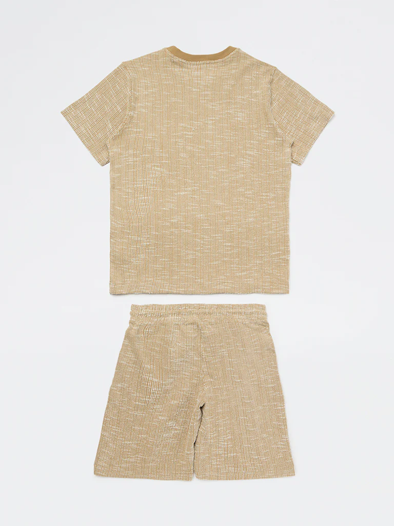 Y&F Kids Boys Light Brown Textured Cotton T-Shirt and Shorts Set - Image 2