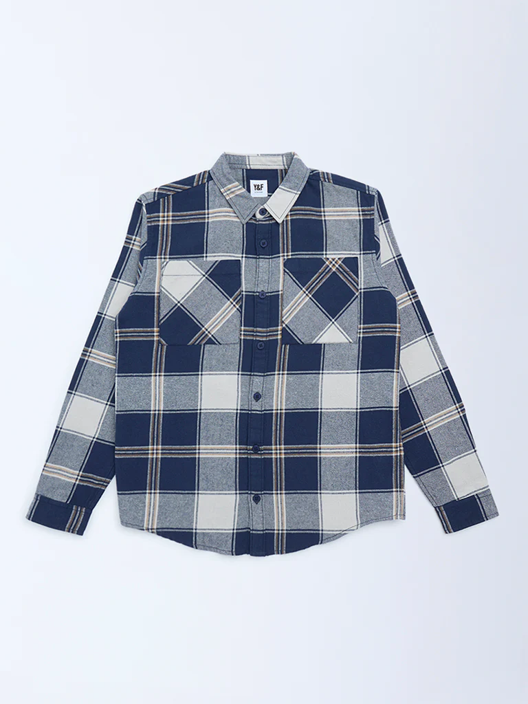 Y&F Kids Boys Navy Checks Printed Cotton Shirt