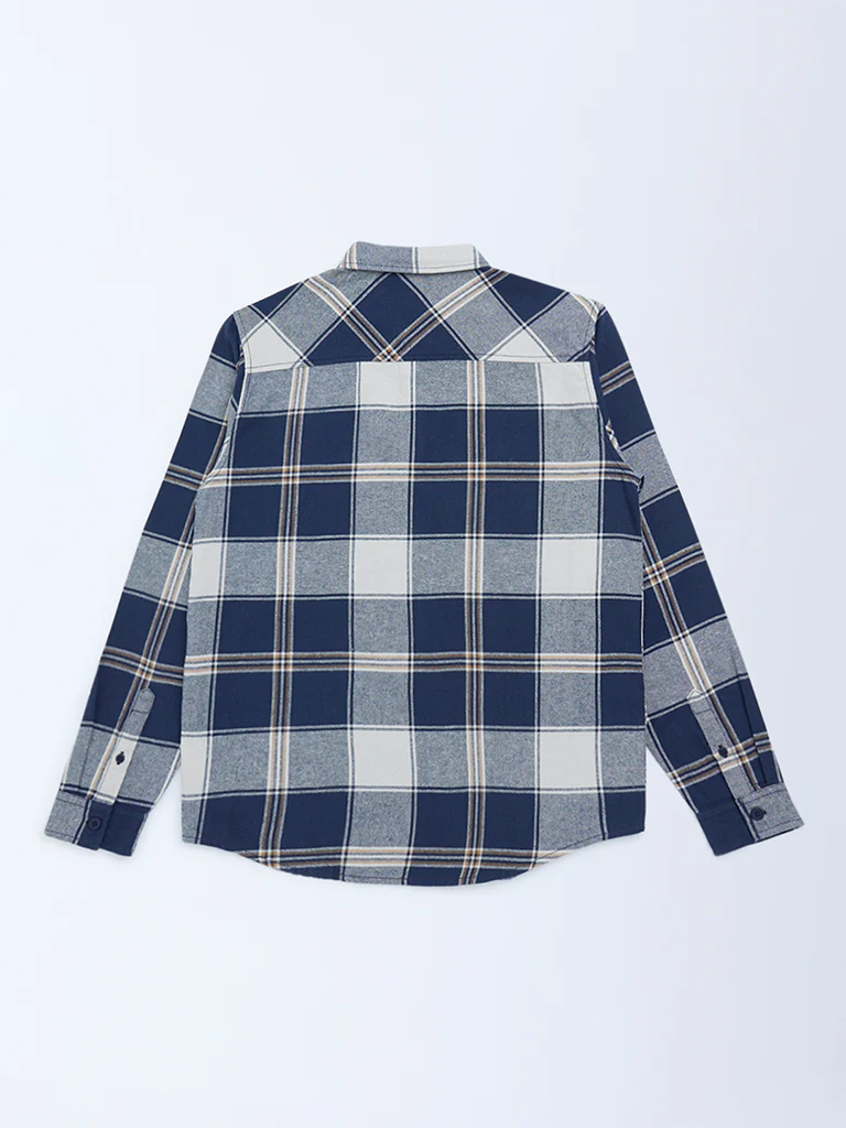 Y&F Kids Boys Navy Checks Printed Cotton Shirt - Image 2