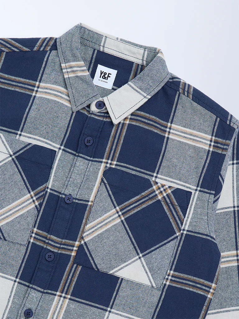 Y&F Kids Boys Navy Checks Printed Cotton Shirt - Image 3