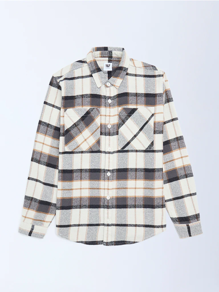 Y&F Kids Boys Off-White Checks Design Cotton Shirt