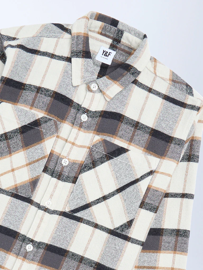 Y&F Kids Boys Off-White Checks Design Cotton Shirt - Image 3
