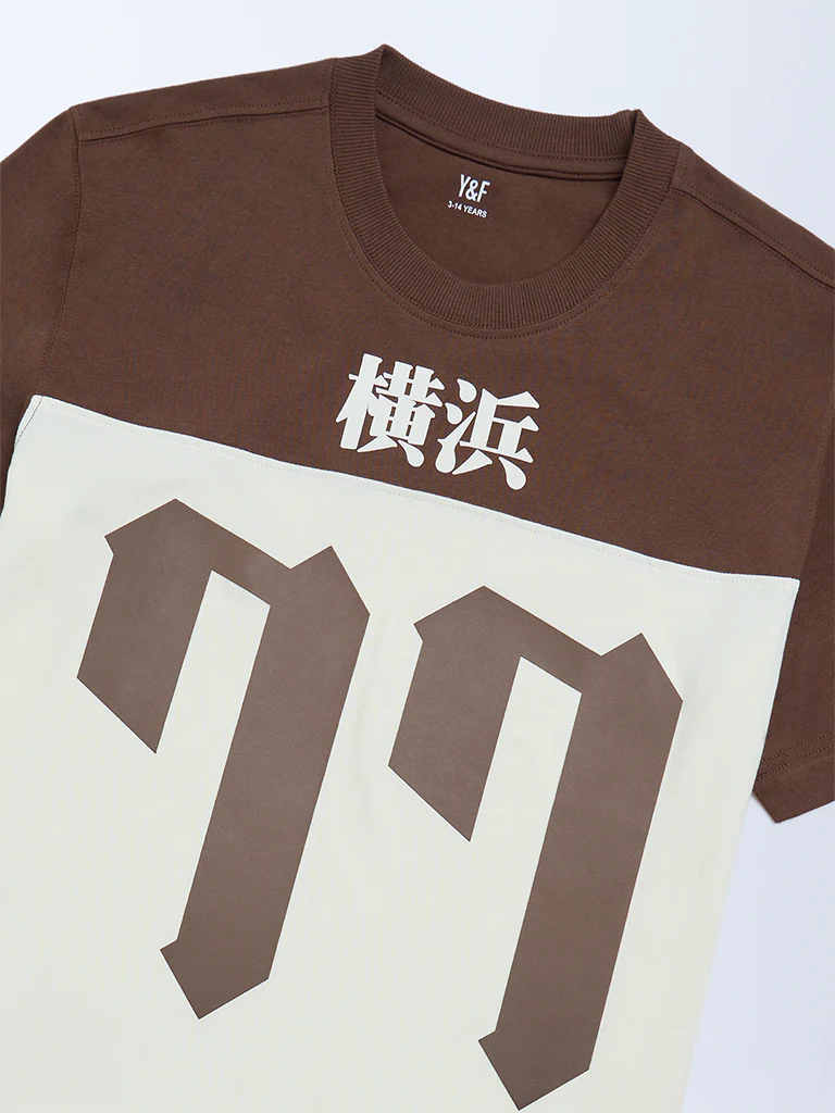 Y&F Kids Boys Off-White Colour-Blocked Cotton T-Shirt - Image 3