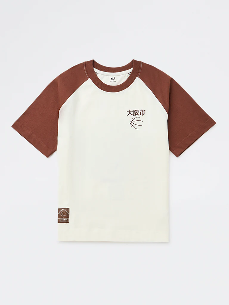 Y&F Kids Boys Off-White Colour-Blocked Cotton T-Shirt