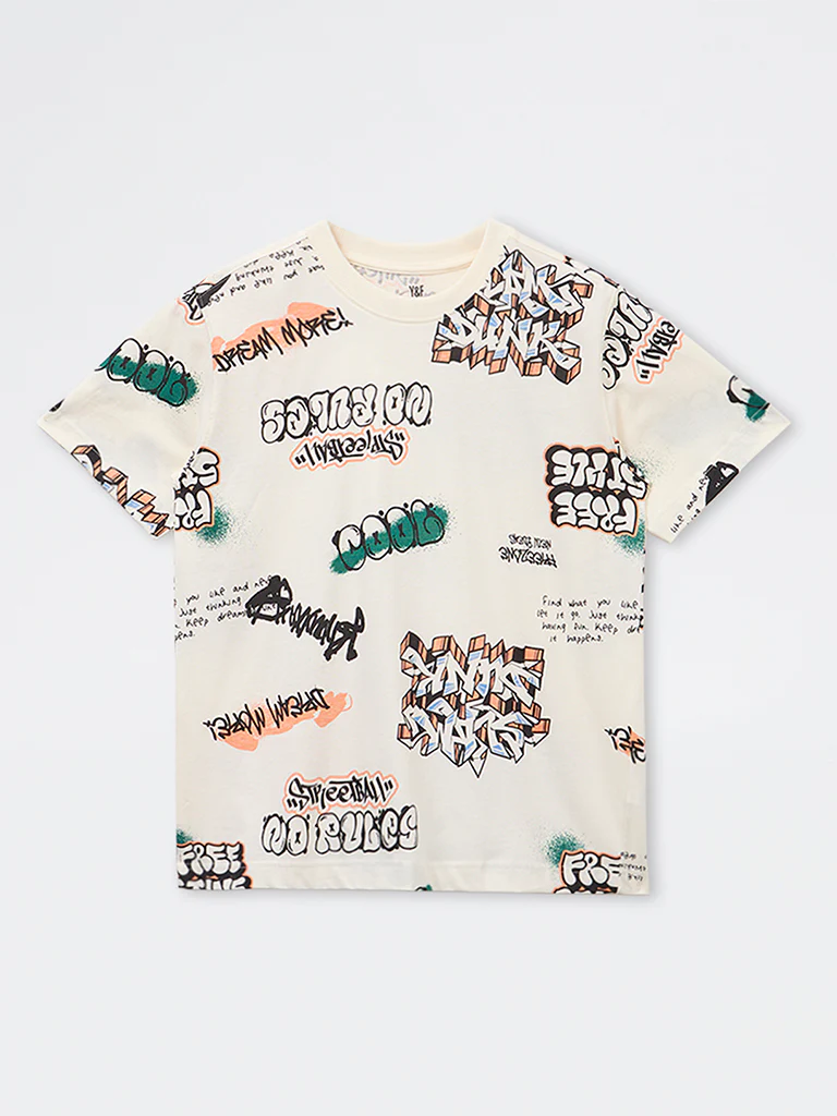 Y&F Kids Boys Off-White Graphic Printed Cotton T-Shirt