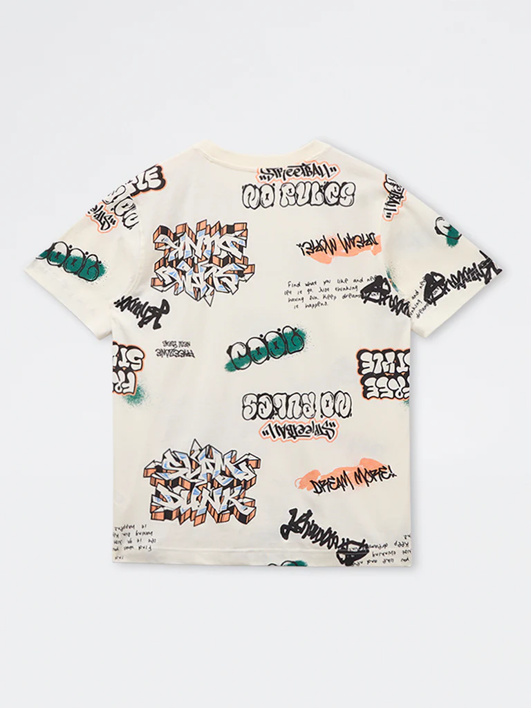 Y&F Kids Boys Off-White Graphic Printed Cotton T-Shirt - Image 2