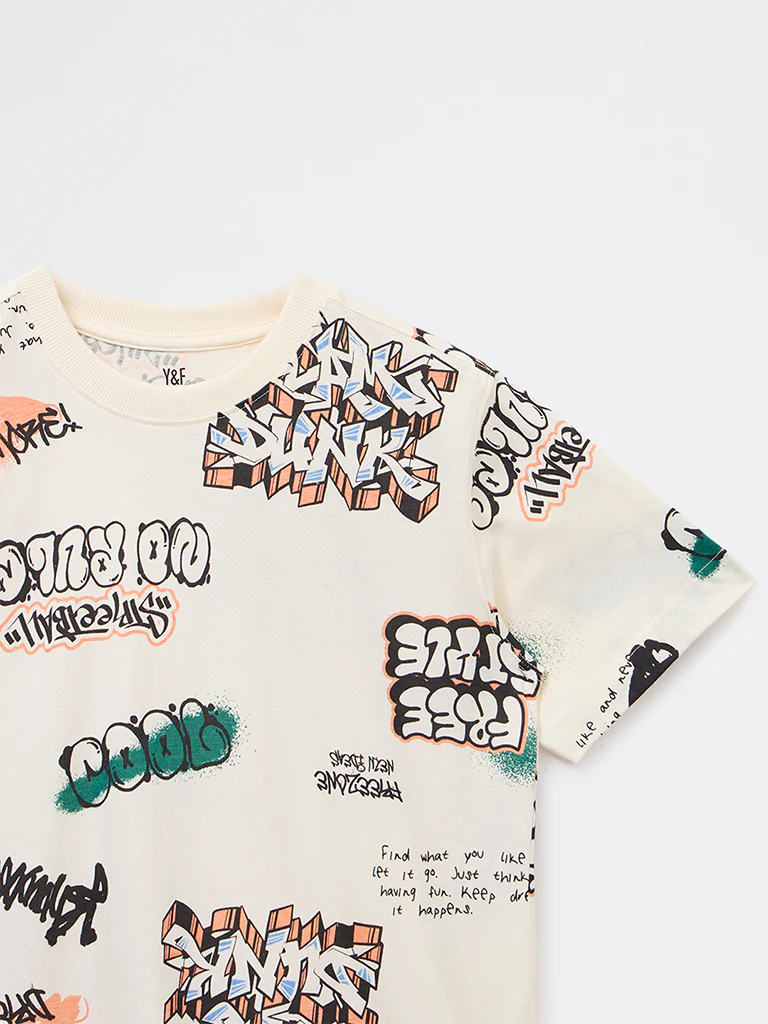 Y&F Kids Boys Off-White Graphic Printed Cotton T-Shirt - Image 3
