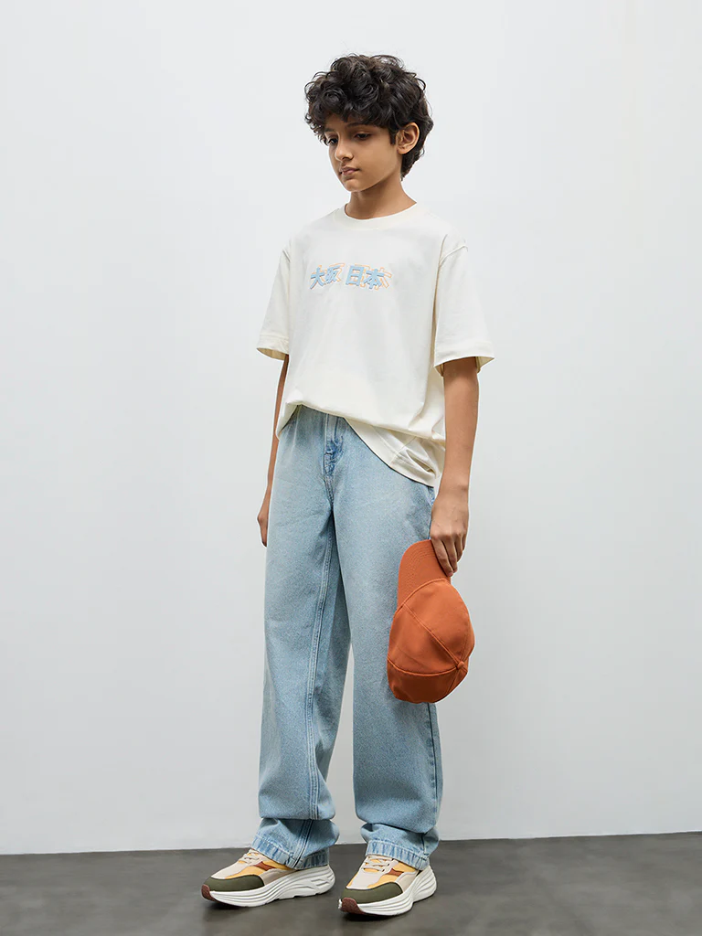 Y&F Kids Boys Off-White Japanese-Inspired Cotton T-Shirt