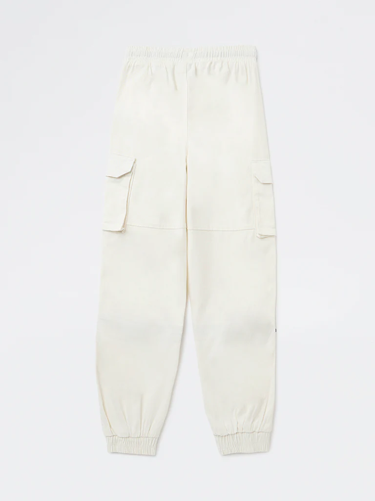 Y&F Kids Boys Off-White Mid-Rise Cotton-Blend Joggers - Image 2