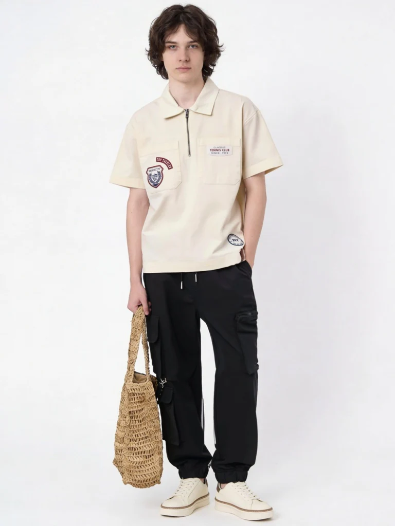 Y&F Kids Boys Off-White Printed Cotton Polo T-Shirt