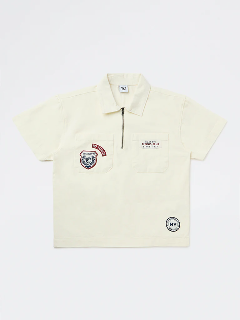 Y&F Kids Boys Off-White Printed Cotton Polo T-Shirt - Image 3