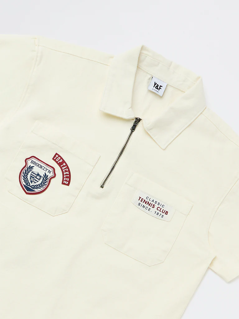 Y&F Kids Boys Off-White Printed Cotton Polo T-Shirt - Image 5