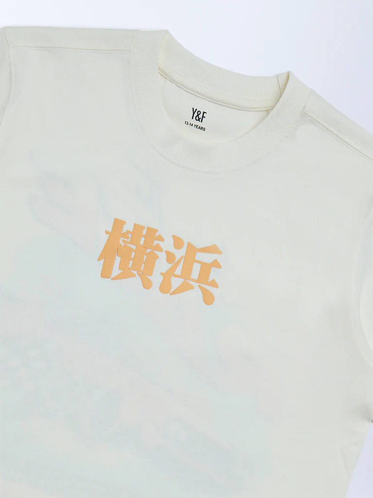 Y&F Kids Boys Off-White Printed Cotton T-Shirt - Image 3