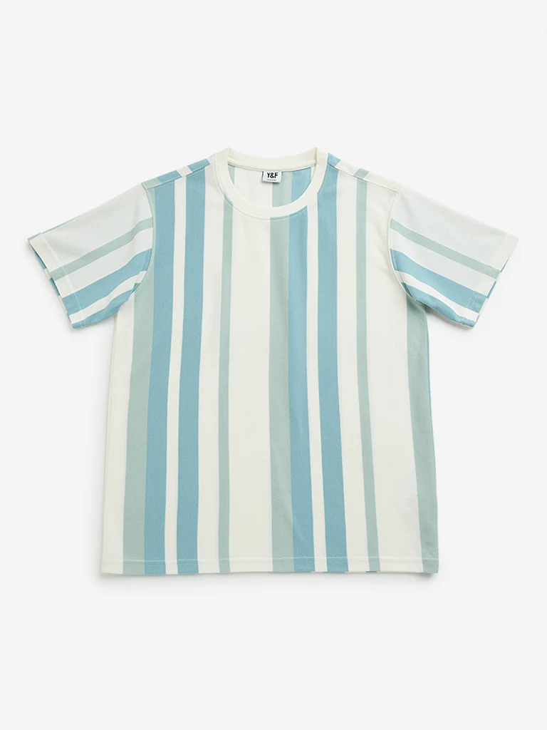 Y&F Kids Boys Off-White Striped Cotton T-Shirt