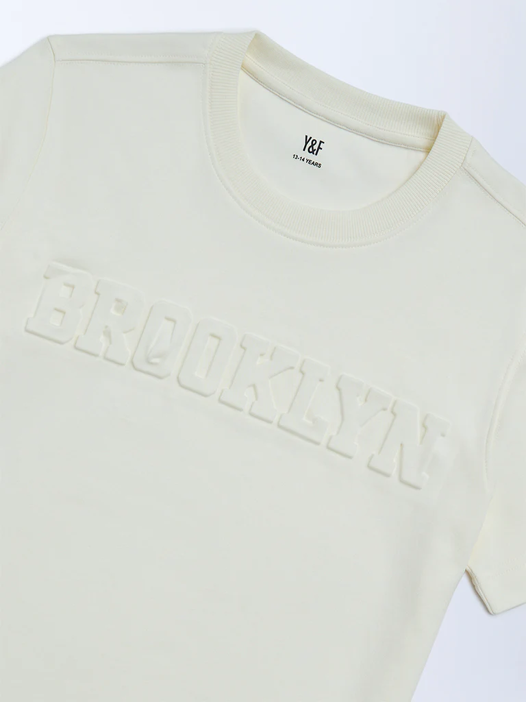 Y&F Kids Boys Off-White Text Embossed Cotton T-Shirt - Image 3