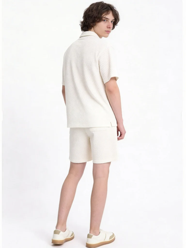 Y&F Kids Boys Off-White Textured Cotton-Blend T-Shirt and Shorts Set - Image 2