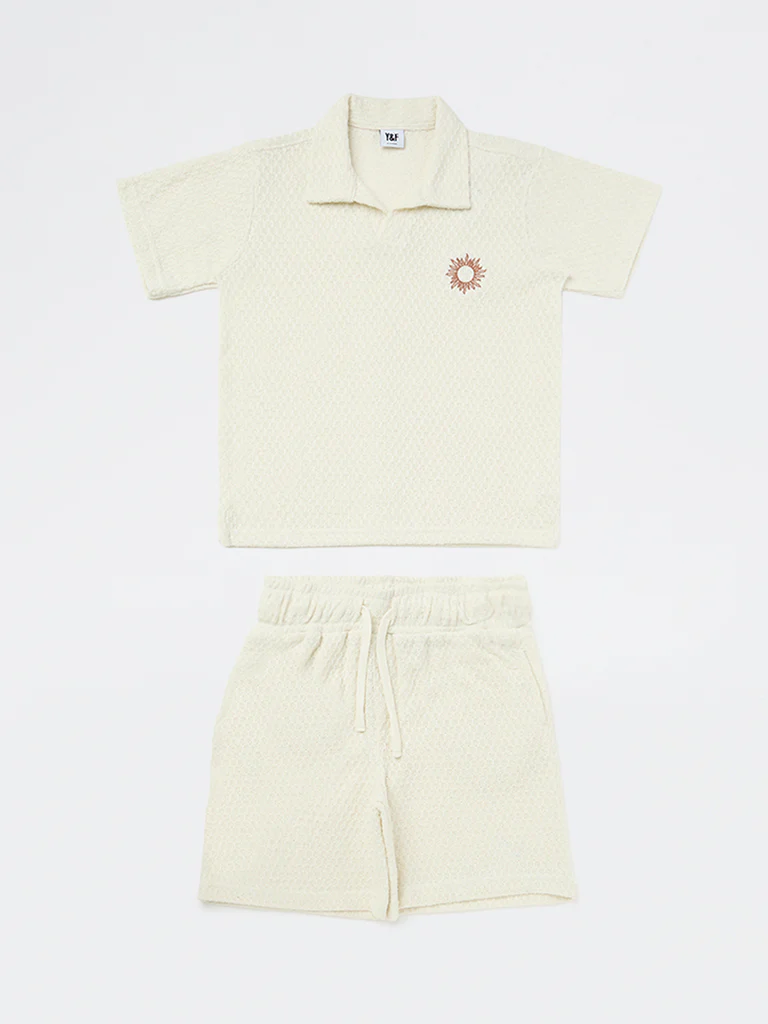Y&F Kids Boys Off-White Textured Cotton-Blend T-Shirt and Shorts Set - Image 3