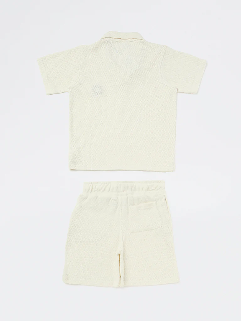 Y&F Kids Boys Off-White Textured Cotton-Blend T-Shirt and Shorts Set - Image 4
