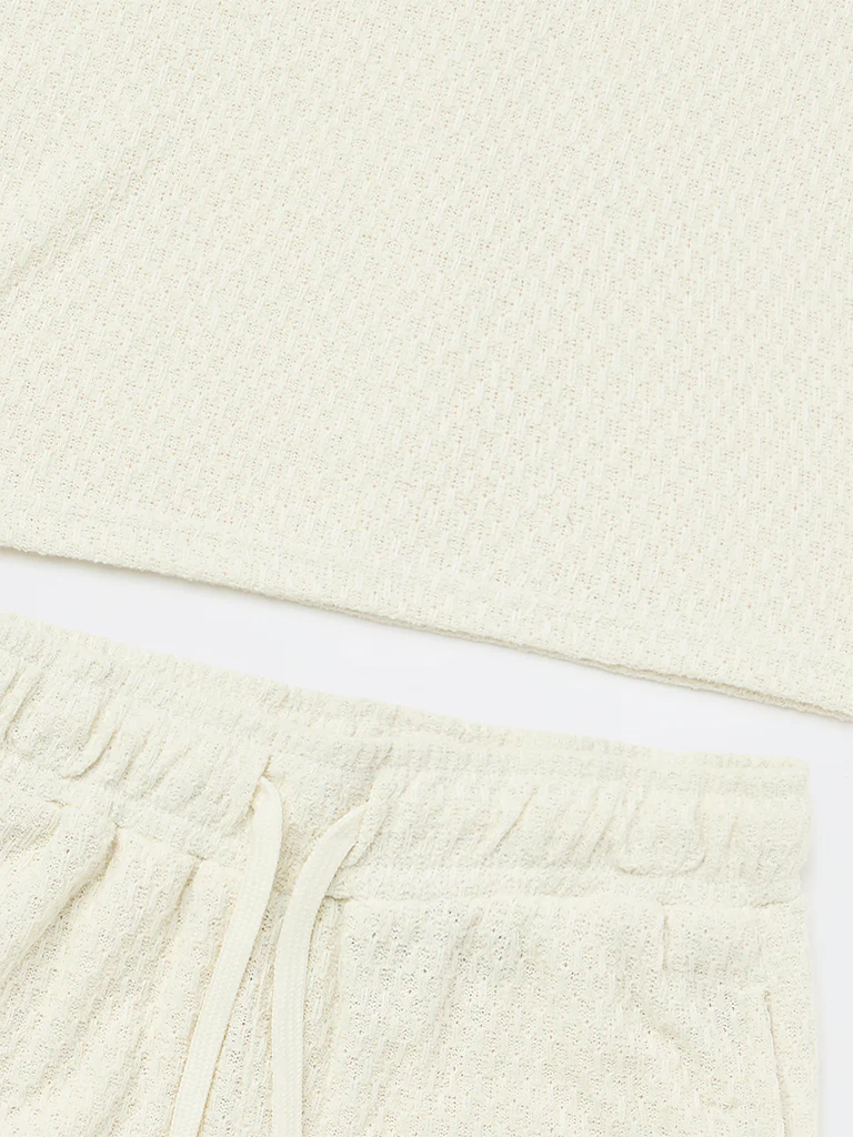 Y&F Kids Boys Off-White Textured Cotton-Blend T-Shirt and Shorts Set - Image 5