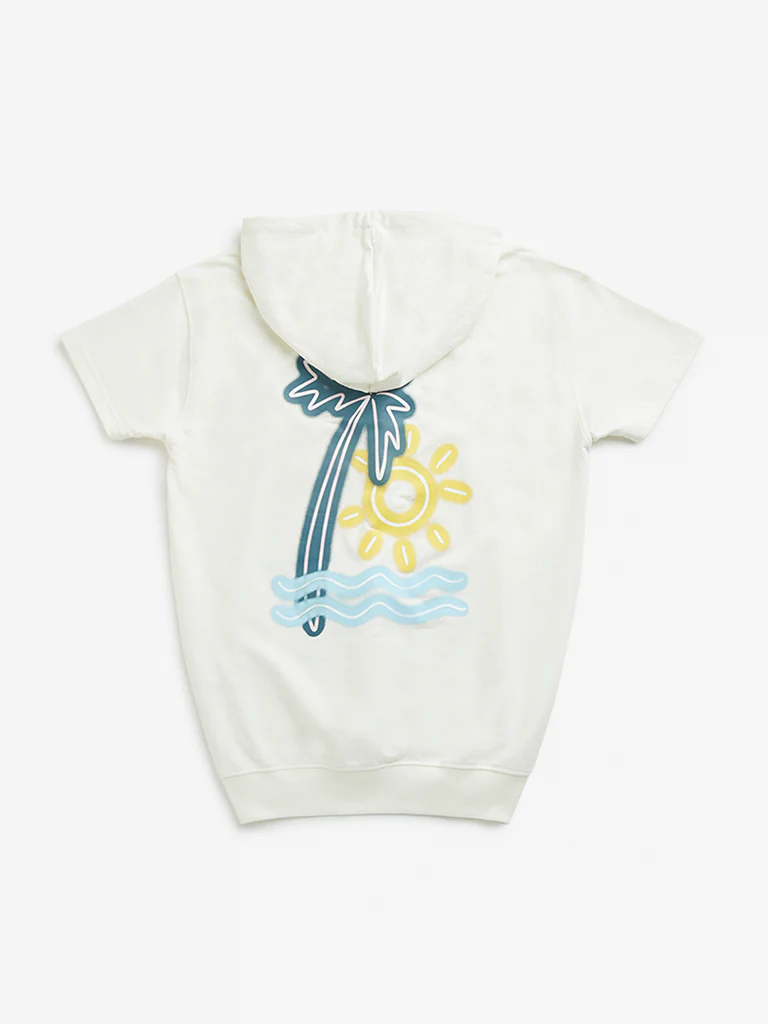 Y&F Kids Boys Off-White Tropical Inspired Hooded Cotton T-Shirt - Image 2