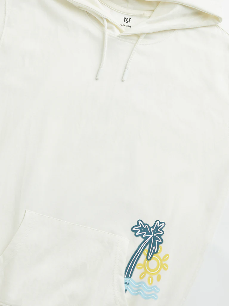 Y&F Kids Boys Off-White Tropical Inspired Hooded Cotton T-Shirt - Image 3