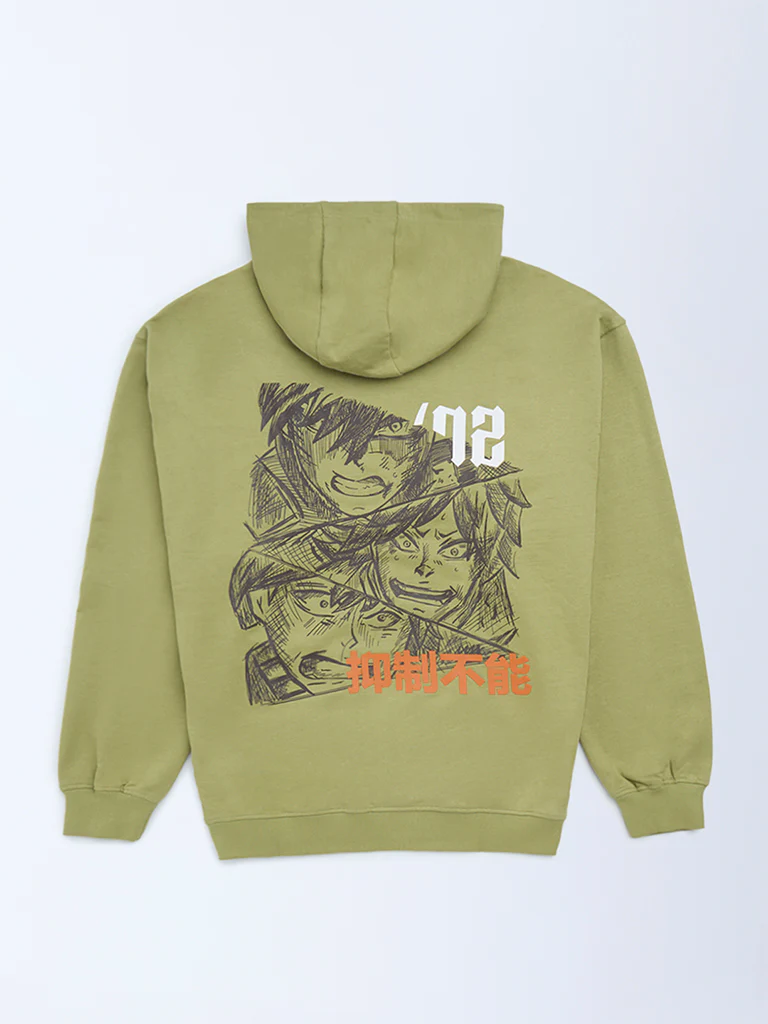 Y&F Kids Boys Olive Anime-Inspired Cotton Hoodie - Image 2