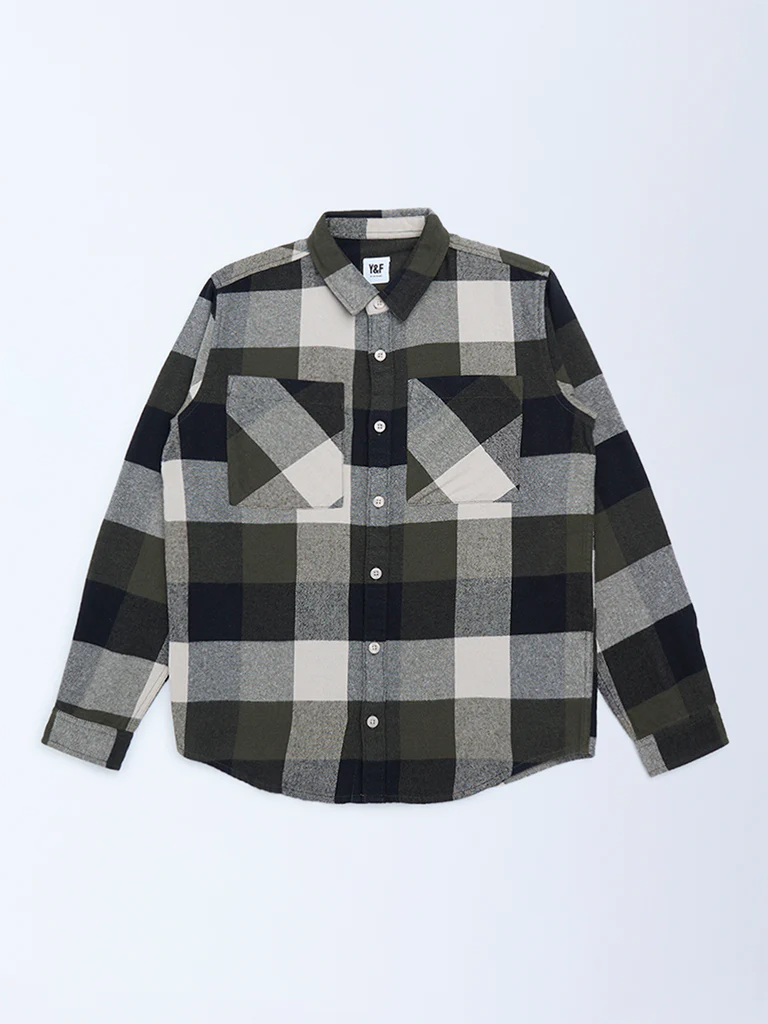 Y&F Kids Boys Olive Checks Design Cotton Shirt