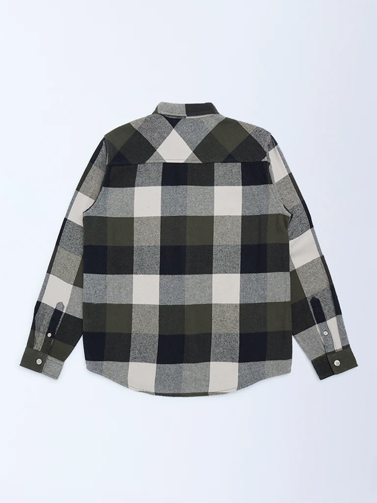 Y&F Kids Boys Olive Checks Design Cotton Shirt - Image 2