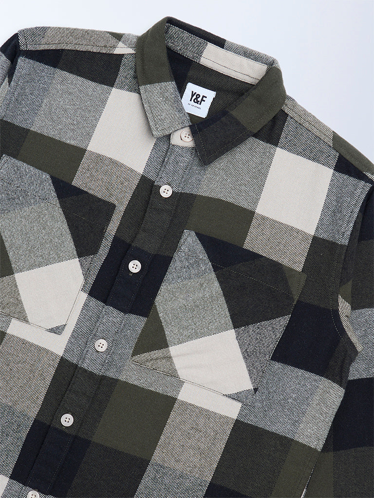 Y&F Kids Boys Olive Checks Design Cotton Shirt - Image 3