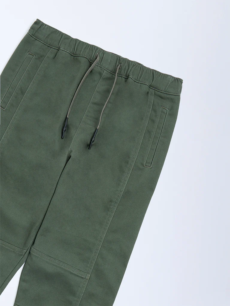 Y&F Kids Boys Olive Mid-Rise Cotton-Blend Joggers - Image 4