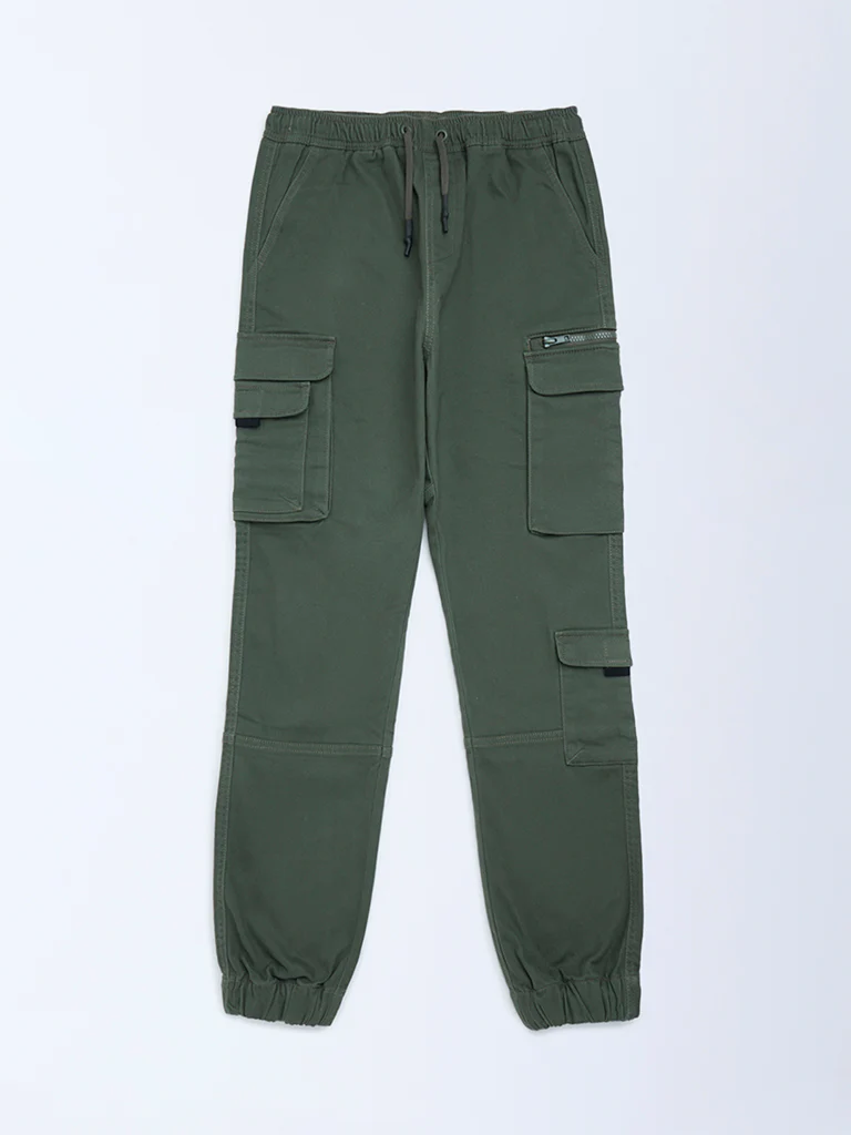 Y&F Kids Boys Olive Mid-Rise Cotton-Blend Joggers - Image 3