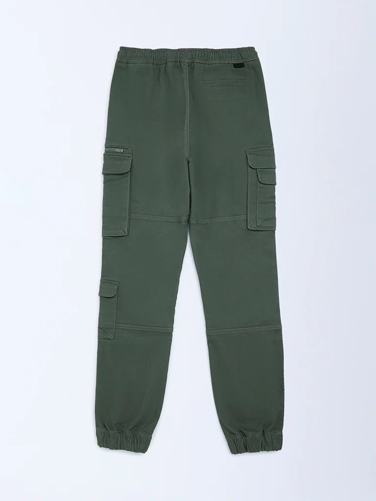 Y&F Kids Boys Olive Mid-Rise Cotton-Blend Joggers - Image 4