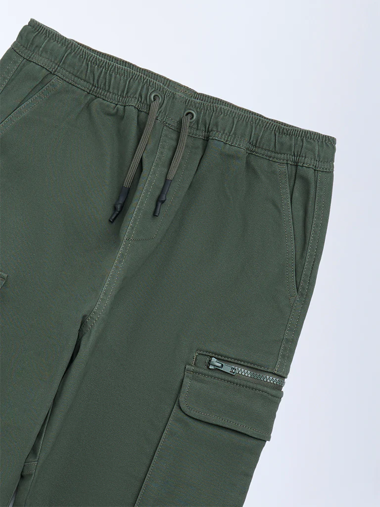 Y&F Kids Boys Olive Mid-Rise Cotton-Blend Joggers - Image 5