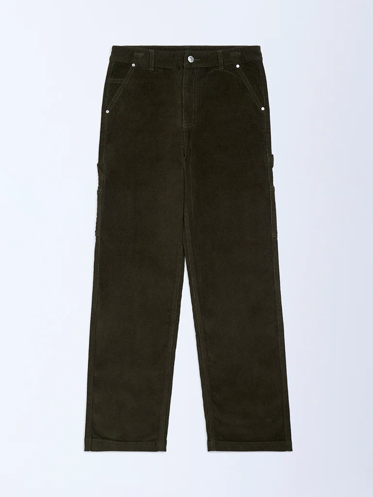 Y&F Kids Boys Olive Relaxed-Fit Mid-Rise Cotton-Blend Trousers