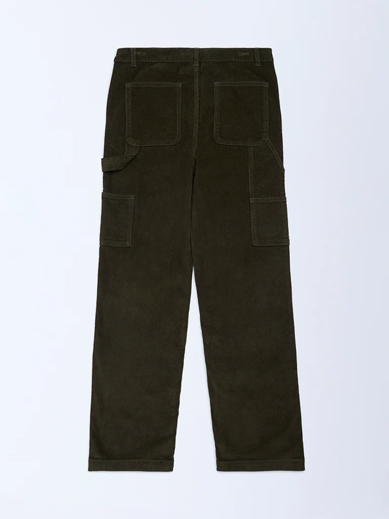 Y&F Kids Boys Olive Relaxed-Fit Mid-Rise Cotton-Blend Trousers - Image 3