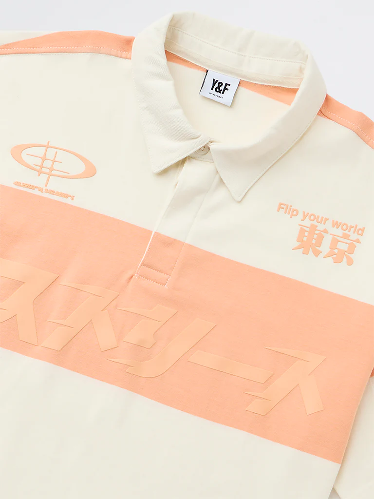 Y&F Kids Boys Orange Colour-Blocked Cotton Polo T-Shirt - Image 3