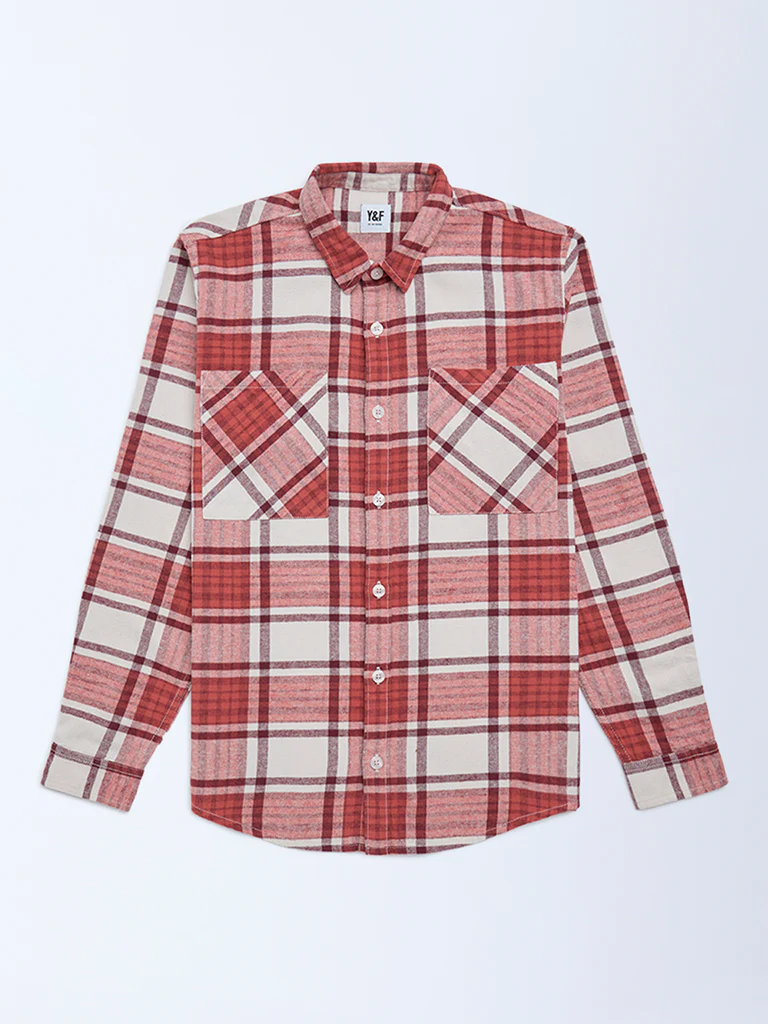 Y&F Kids Boys Red Checks Design Cotton Shirt