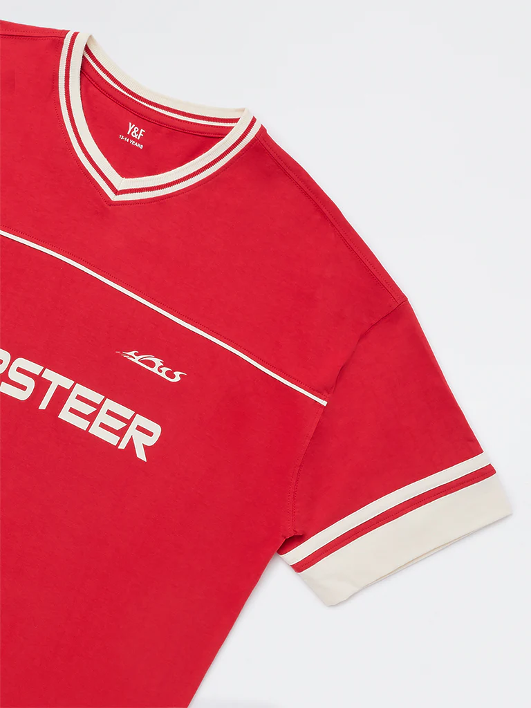 Y&F Kids Boys Red Text Design Cotton T-Shirt - Image 3