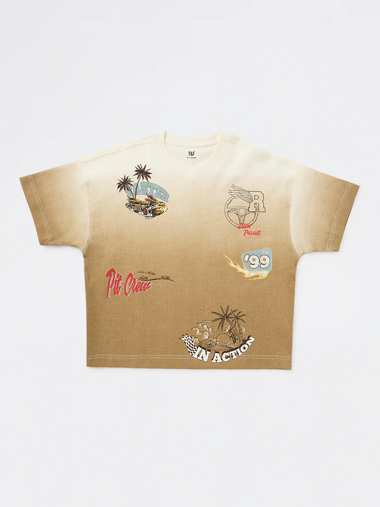 Y&F Kids Boys Taupe Graphic Printed Cotton T-Shirt - Image 3