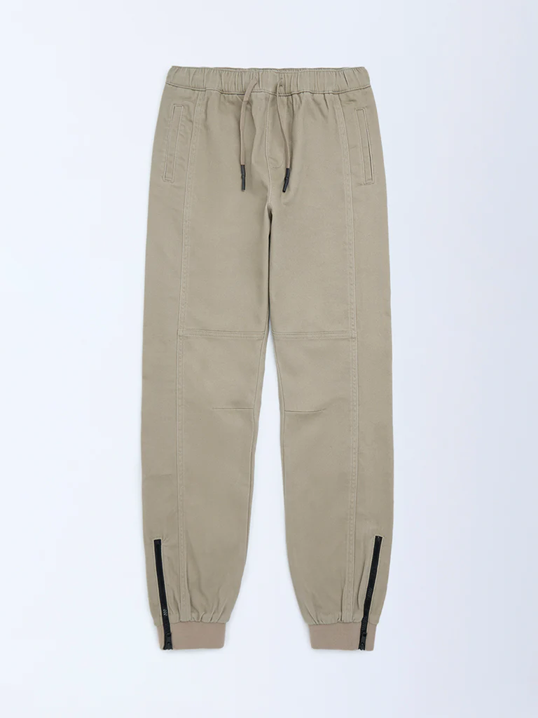 Y&F Kids Boys Taupe Mid-Rise Cotton-Blend Joggers