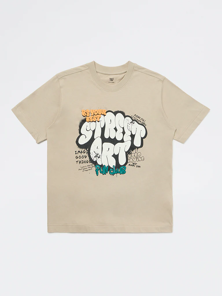 Y&F Kids Boys Taupe Printed Cotton T-Shirt