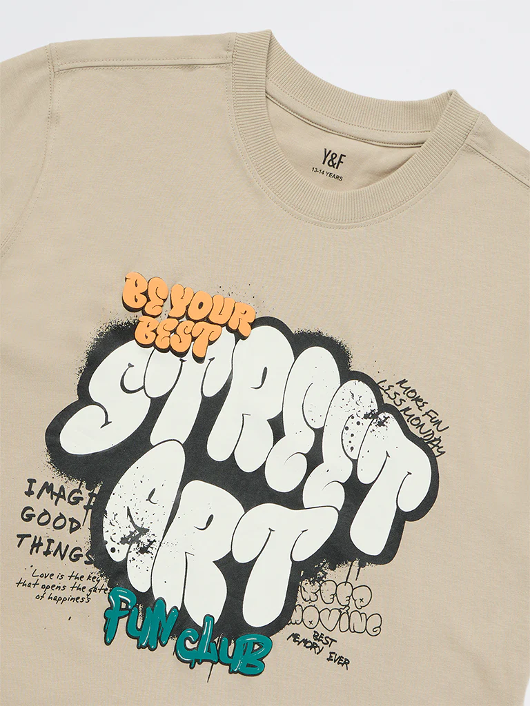 Y&F Kids Boys Taupe Printed Cotton T-Shirt - Image 3