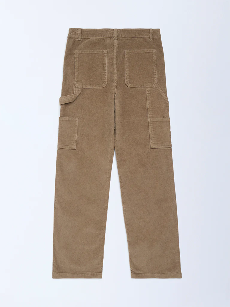 Y&F Kids Boys Taupe Relaxed-Fit Mid-Rise Cotton-Blend Trousers - Image 3