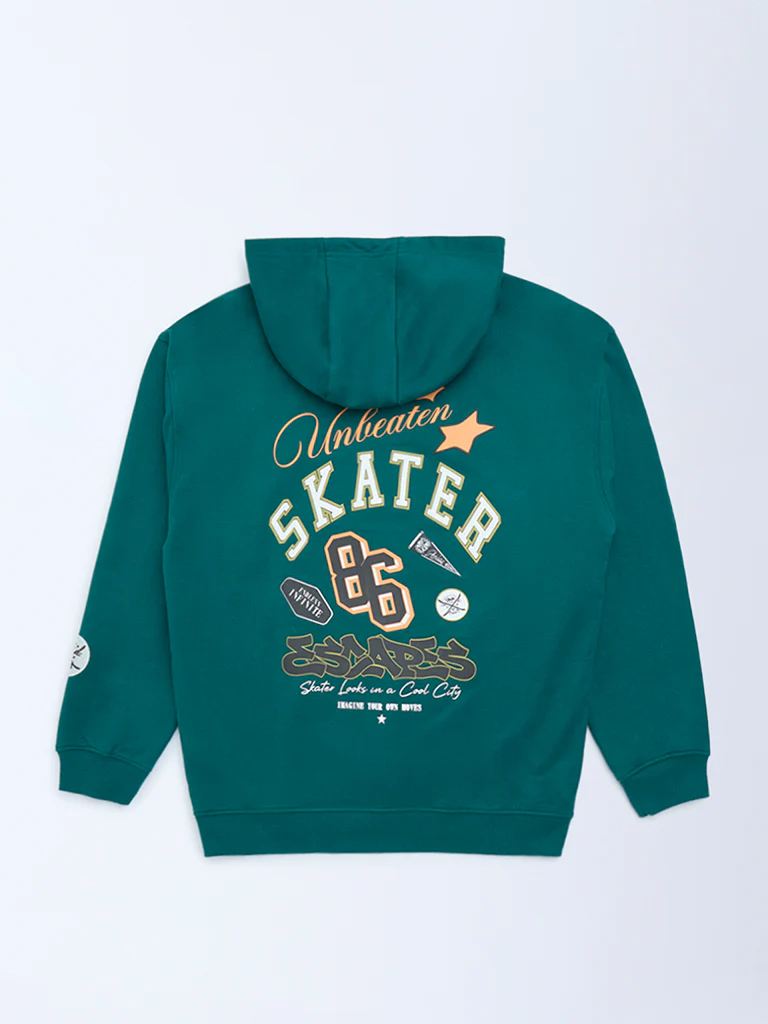 Y&F Kids Boys Teal Text Printed Cotton Hoodie - Image 2