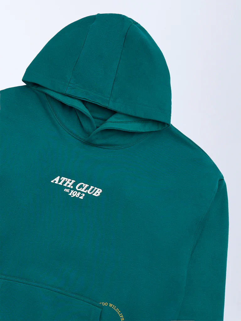 Y&F Kids Boys Teal Text Printed Cotton Hoodie - Image 3