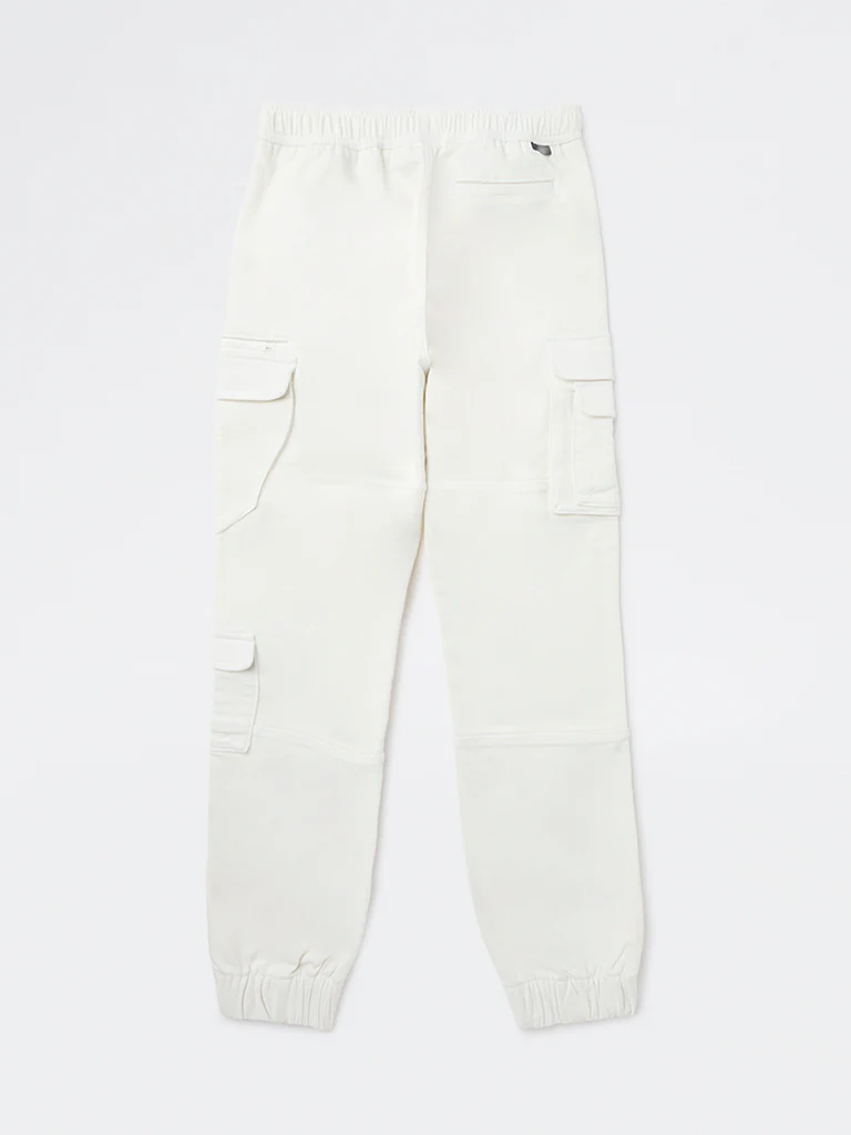 Y&F Kids Boys White Cargo-Style Mid-Rise Cotton-Blend Joggers - Image 3