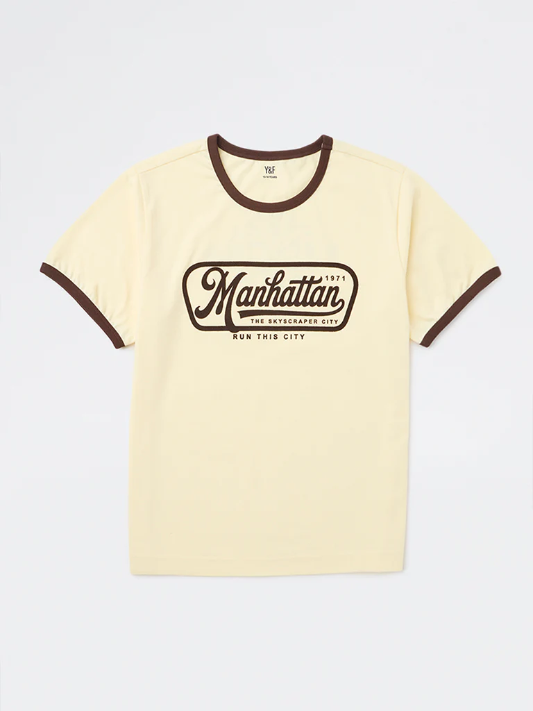 Y&F Kids Boys Yellow Typographic Cotton T-Shirt